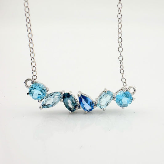 Beautiful Shades of Blue Natural Topaz (1.5 ct) Designer Necklace .925 Sterling Silver Setting