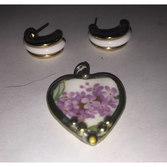 Womens Jewelry Set- White/Gold Tone Hoop Earrings & Purple Floral Heart Pendant - A+ Stuff