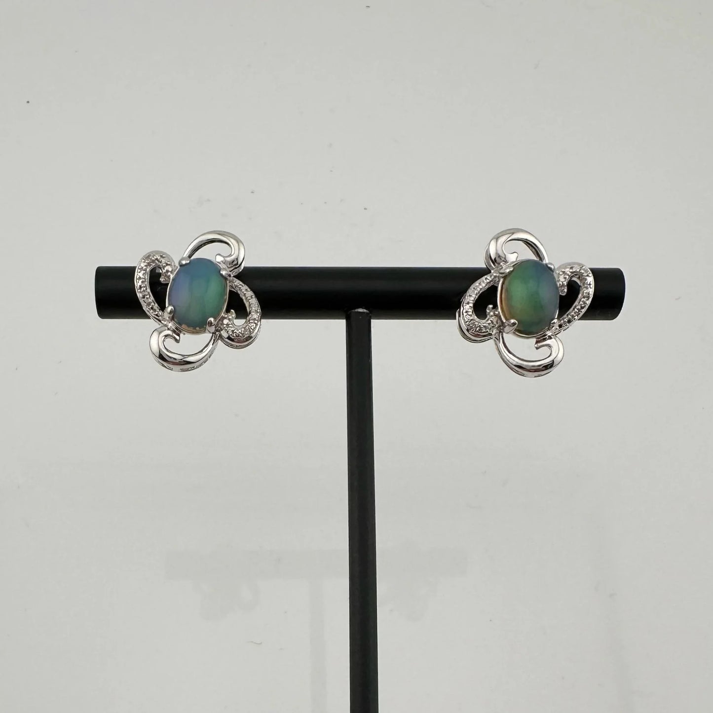 Mesmerizing Natural Cabochon Black Opal Earrings Diamond Accent - Sterling Silver - A+ Stuff