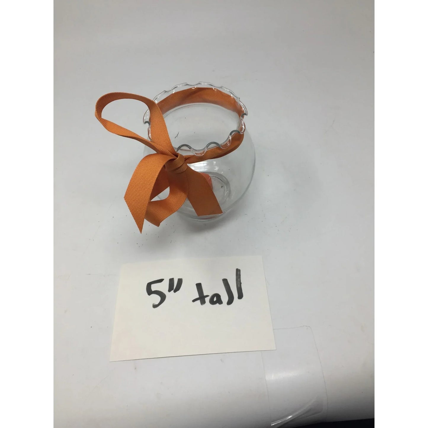 Round Clear Glass Vase/Candle Holder with Orange Ribbon Around it - A+ Stuff