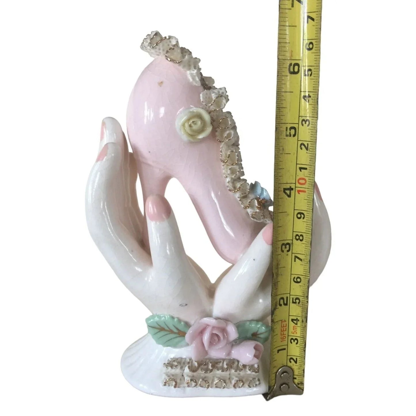 Vintage Artmark Handpainted Original Porcelain High heel Lace Shoe Being Held in Hands Artmark A+ Stuff