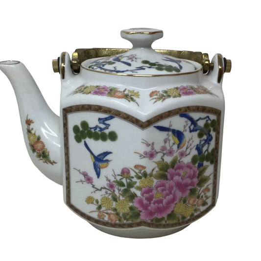 Vintage Chinese/Japanese Porcelain Tea Pot, Brass handle, Birds & Lotus Flowers homco A+ Stuff