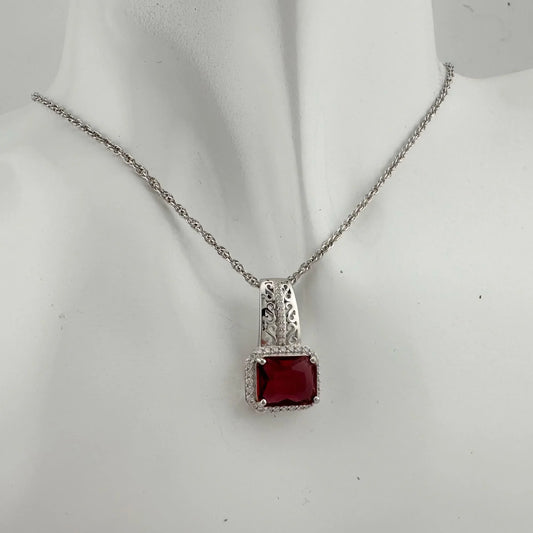 4.10 Carat Emerald Cut Ruby Designer Pendant - Sterling Silver Setting & Chain - Beautiful Filagree Detailing - A+ Stuff