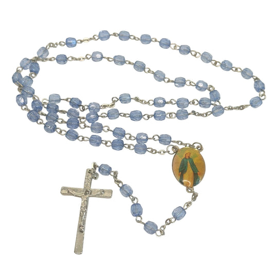 Vintage Religious Rosary with Virgin Mary and Jesus Medal and Blue Clear Beads