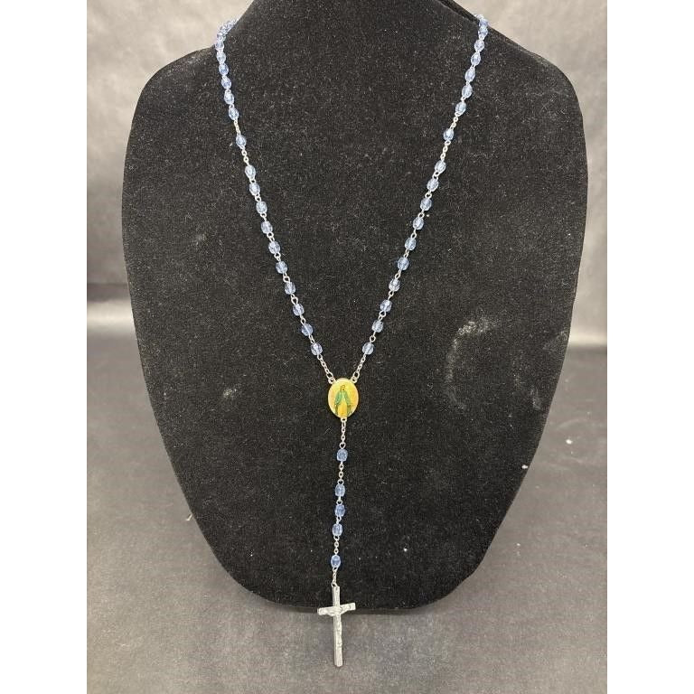 Vintage Religious Rosary with Virgin Mary and Jesus Medal and Blue Clear Beads