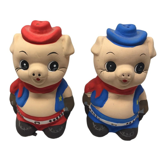 Vintage Hand Painted Salt and Pepper Shakers- Porky & Petunia Pig Sheriffs - A+ Stuff