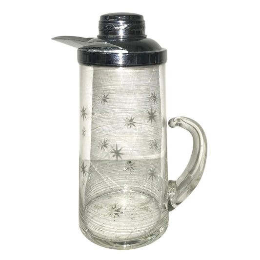 Mid Century Atomic Starburst Glass Pitcher / Carafe w Glass Handle and SIlver tone Lid / Pourer 11"