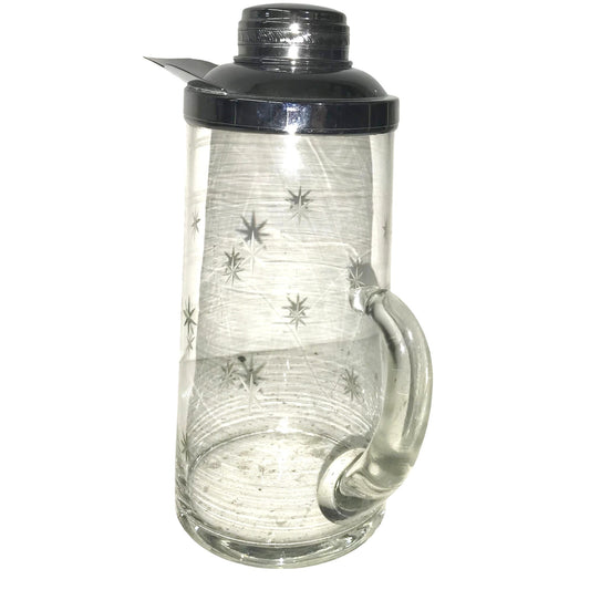 Mid Century Atomic Starburst Glass Pitcher / Carafe w Glass Handle and SIlver tone Lid / Pourer 11"