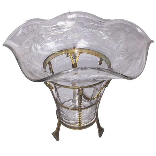 BEAUTIFUL Vintage CRYSTAL Vase w brass stand Flower Pattern FREE SHIPPING Unbranded A+ Stuff