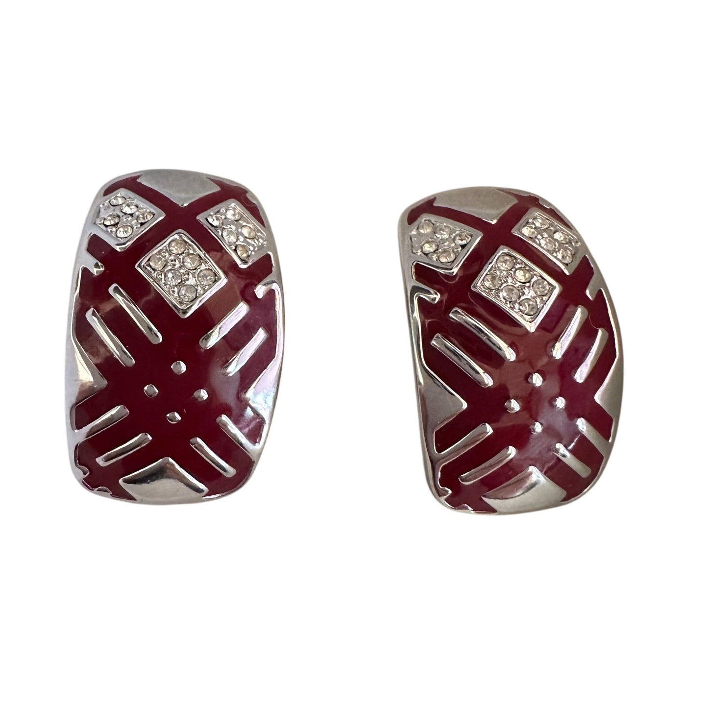 Burberry Silver and Maroon Nova Check Clip On Earrings