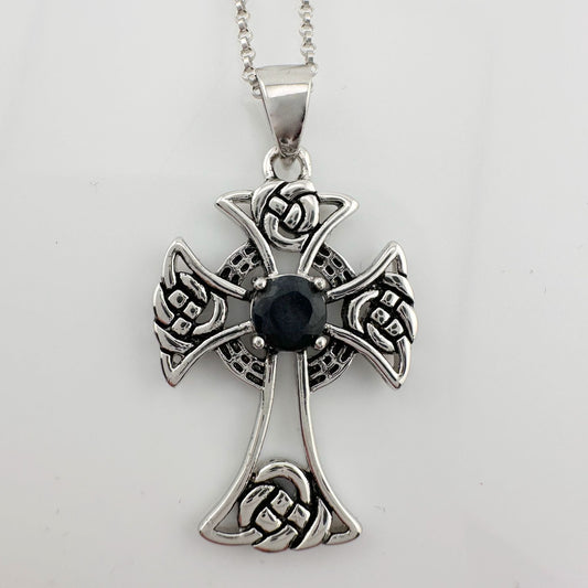 Bold Celtic Cross with Black Sapphire Center - Sterling Silver with 18" Chain