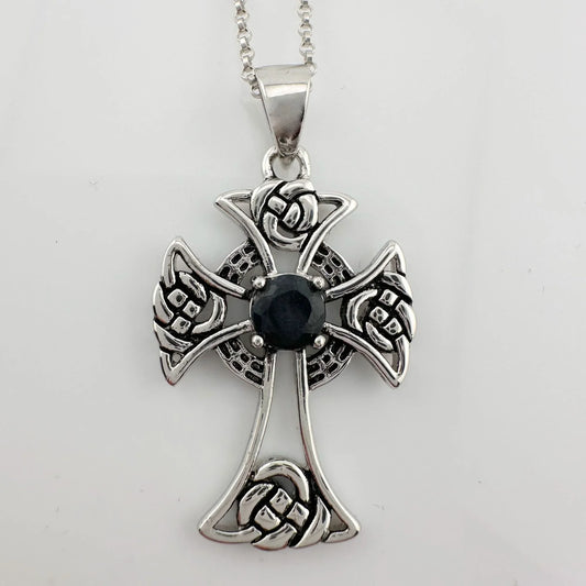 Bold Celtic Cross with Black Sapphire Center - Sterling Silver with 18" Chain - A+ Stuff