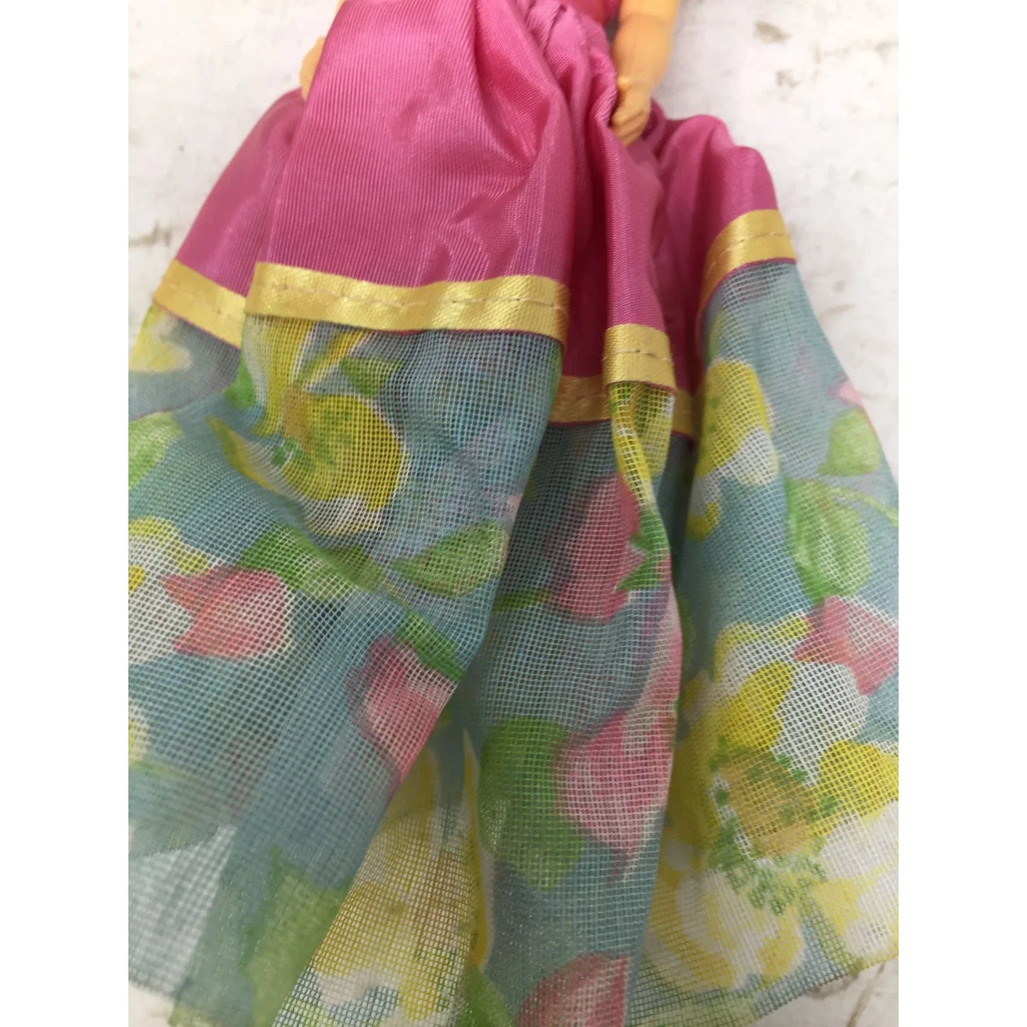 Vintage Collectible Doll Brown Hair, Blue Eyes wearing Pink, Blue, Yellow Dress - A+ Stuff