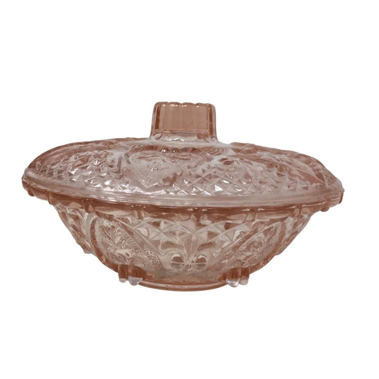 Vintage Pink Pressed Glass Lidded Candy Dish "Hearts and Roses" KIG Indonesia A+ Stuff A+ Stuff
