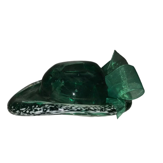 Small Miniature Green Glass Hat Figurine with Ribbon - A+ Stuff