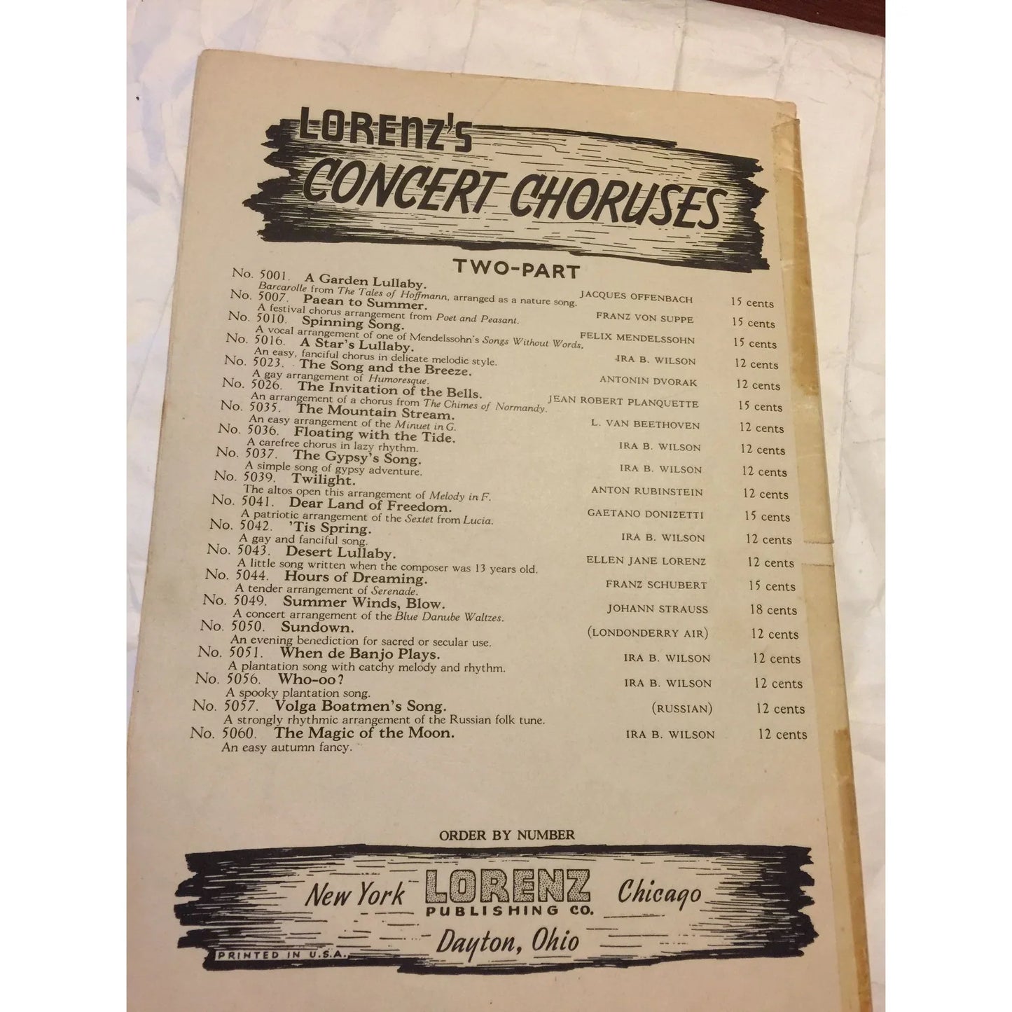 Summer Winds Blow A Part Song & Lorenz's Chorus Concert 2 Part Vintage Sheet Music - A+ Stuff