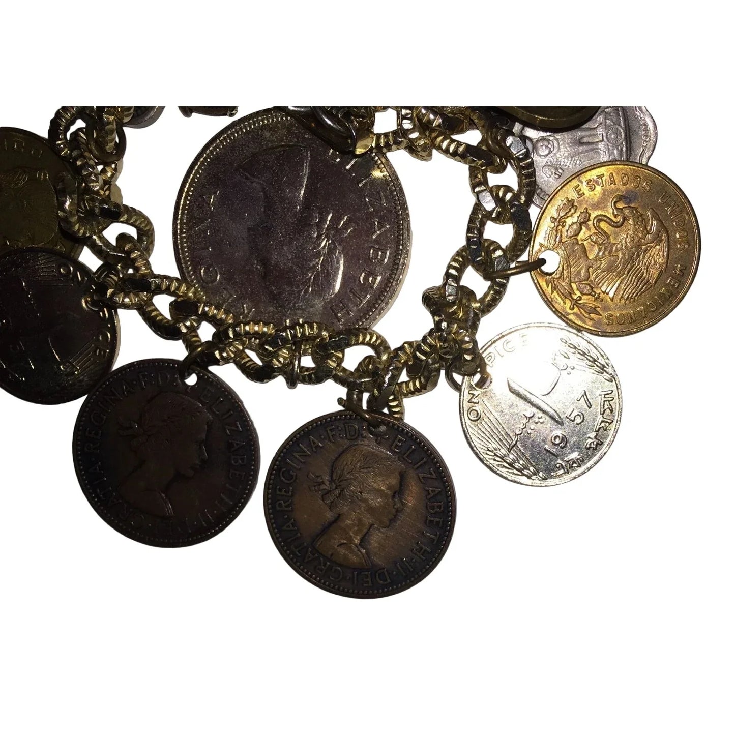 Vintage 1950s Older Foreign Coin Bracelet - Coins from Around the World - A+ Stuff