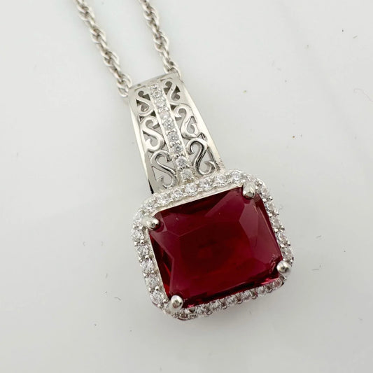 4.10 Carat Emerald Cut Ruby Designer Pendant - Sterling Silver Setting & Chain - Beautiful Filagree Detailing - A+ Stuff