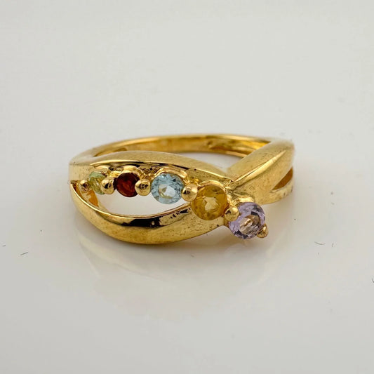 Mother's Multi-Gemstone Bypass Ring - Sterling Silver with 14kt Gold Overlay Size 7 - A+ Stuff
