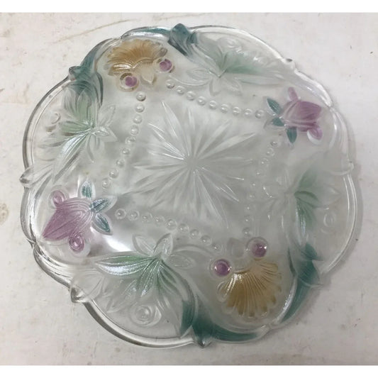 Vintage Small Clear Glass Plate with Flowers/Leaves Printed on it A+ Stuff A+ Stuff