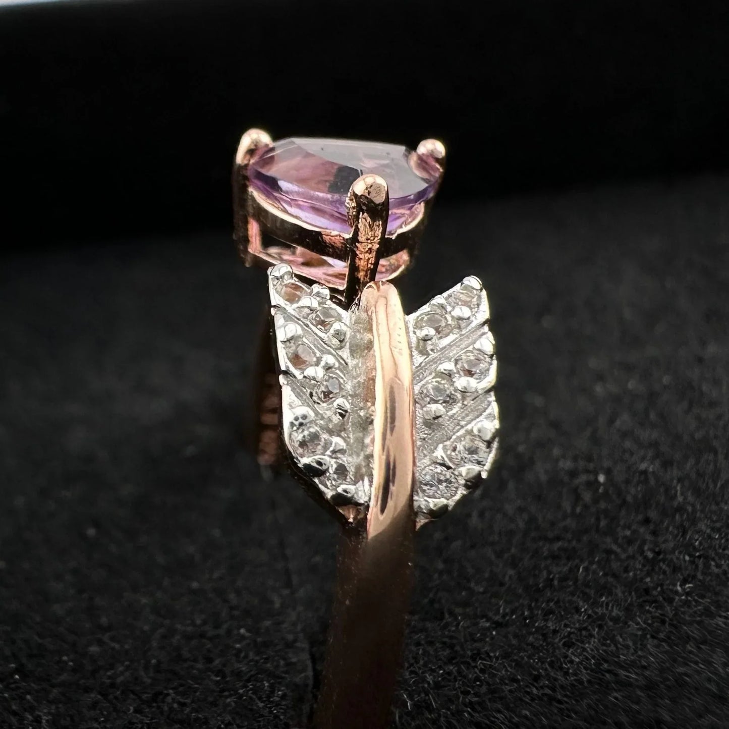 Beautiful Trillion Cut Purple Amethyst Arrow Ring 14kt Rose Gold Overlay Sterling Silver - Size 7 - A+ Stuff