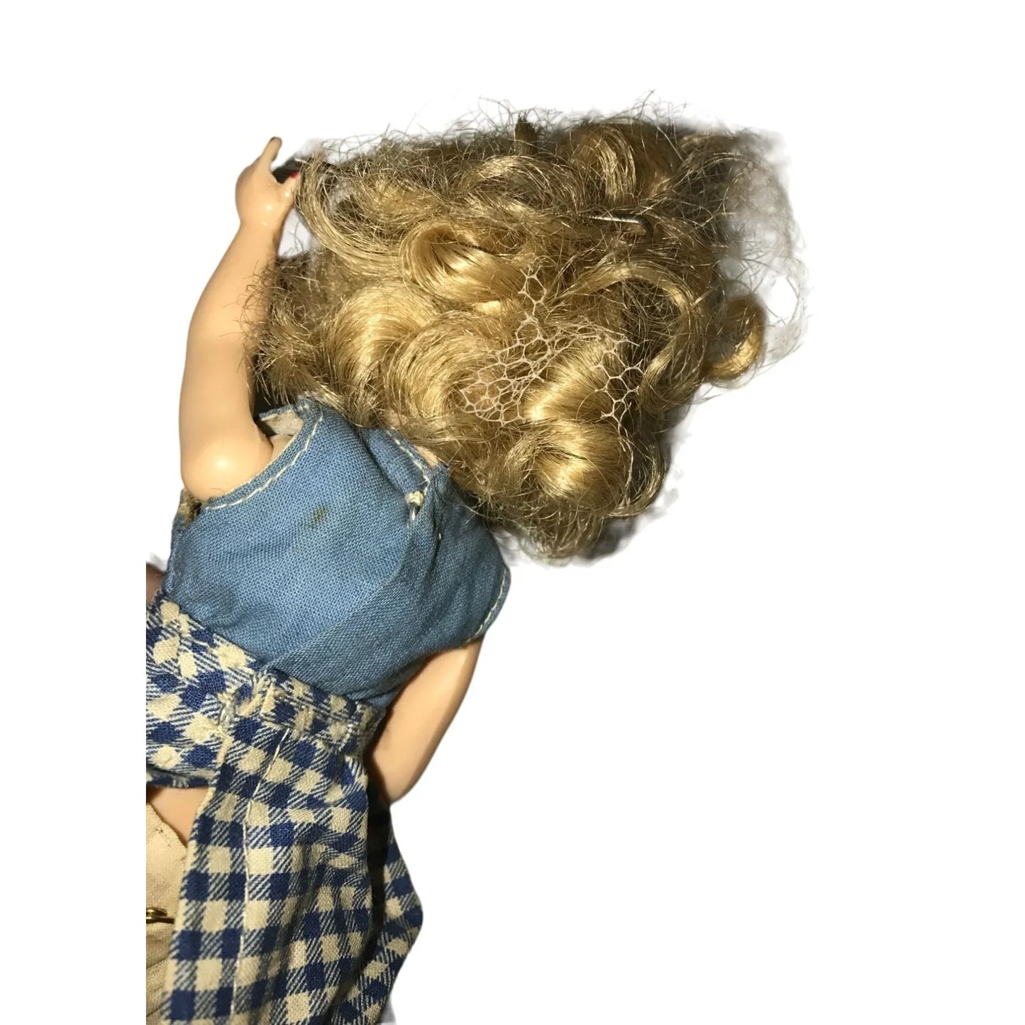 Vintage 1960s Doll Blonde Hair/Blue Eyes, Wearing Blue/White Plaid Dress (8.5 inches tall) - A+ Stuff