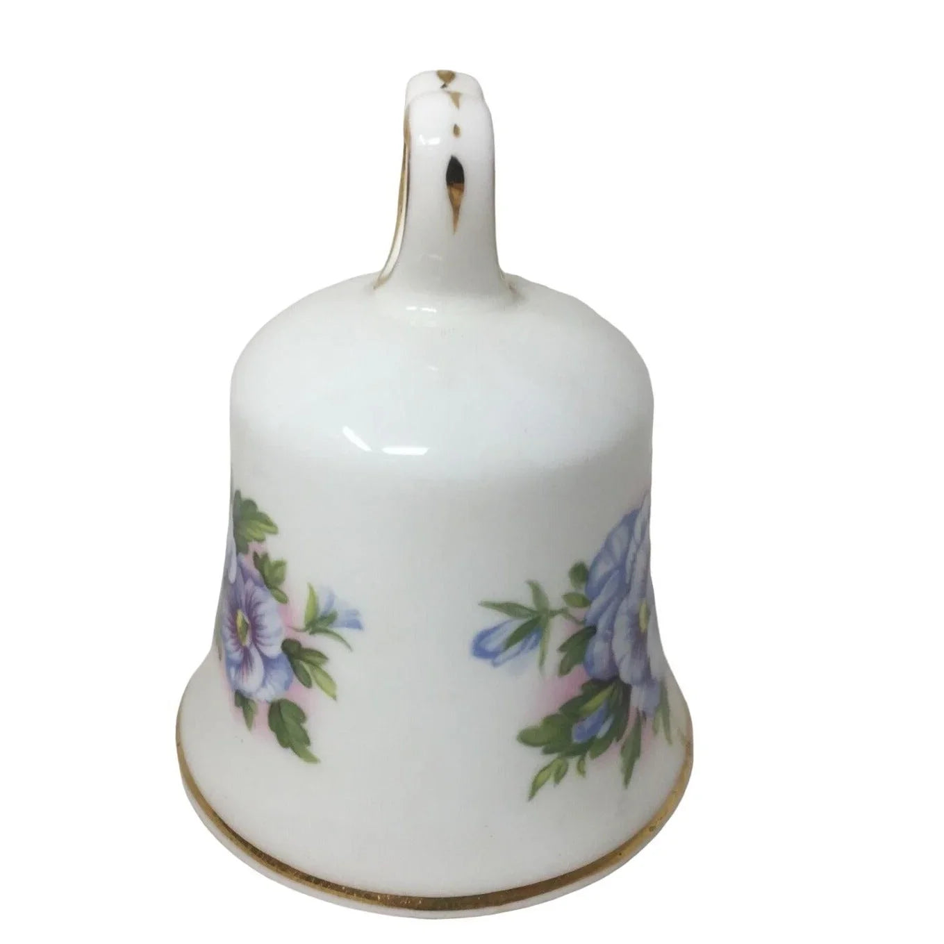 Vintage White and Gold Rimmed, Heart Handled Bell with Purple/ blue Flowers Printed Around it A+ Stuff A+ Stuff