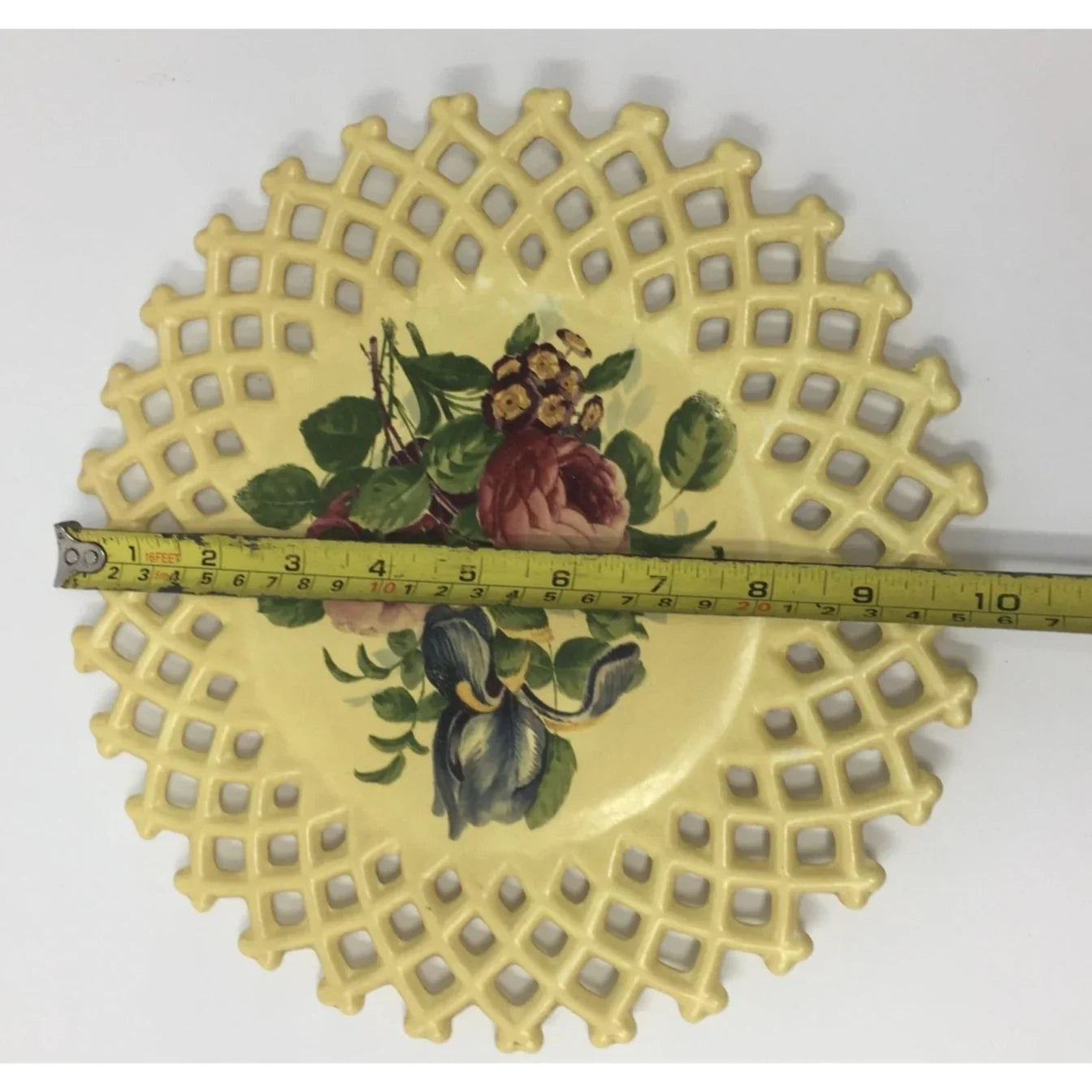 Vintage Hand Painted Lattice Edged Plate with Flowers - 10" wide - A+ Stuff