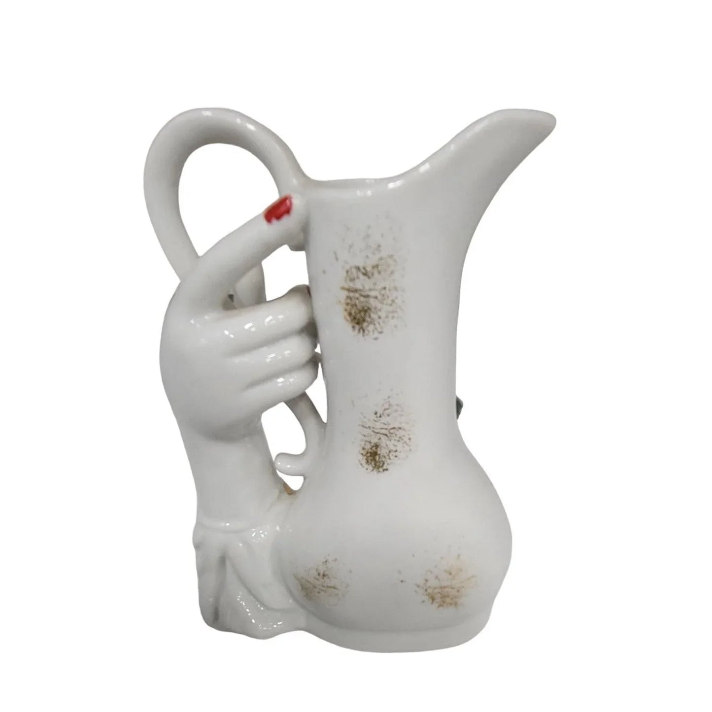 Porcelain Hand holding tall Pitcher Vase with Roses / Rosettes - Gold Accents Mid-century Believed to be Lefton Lefton A+ Stuff