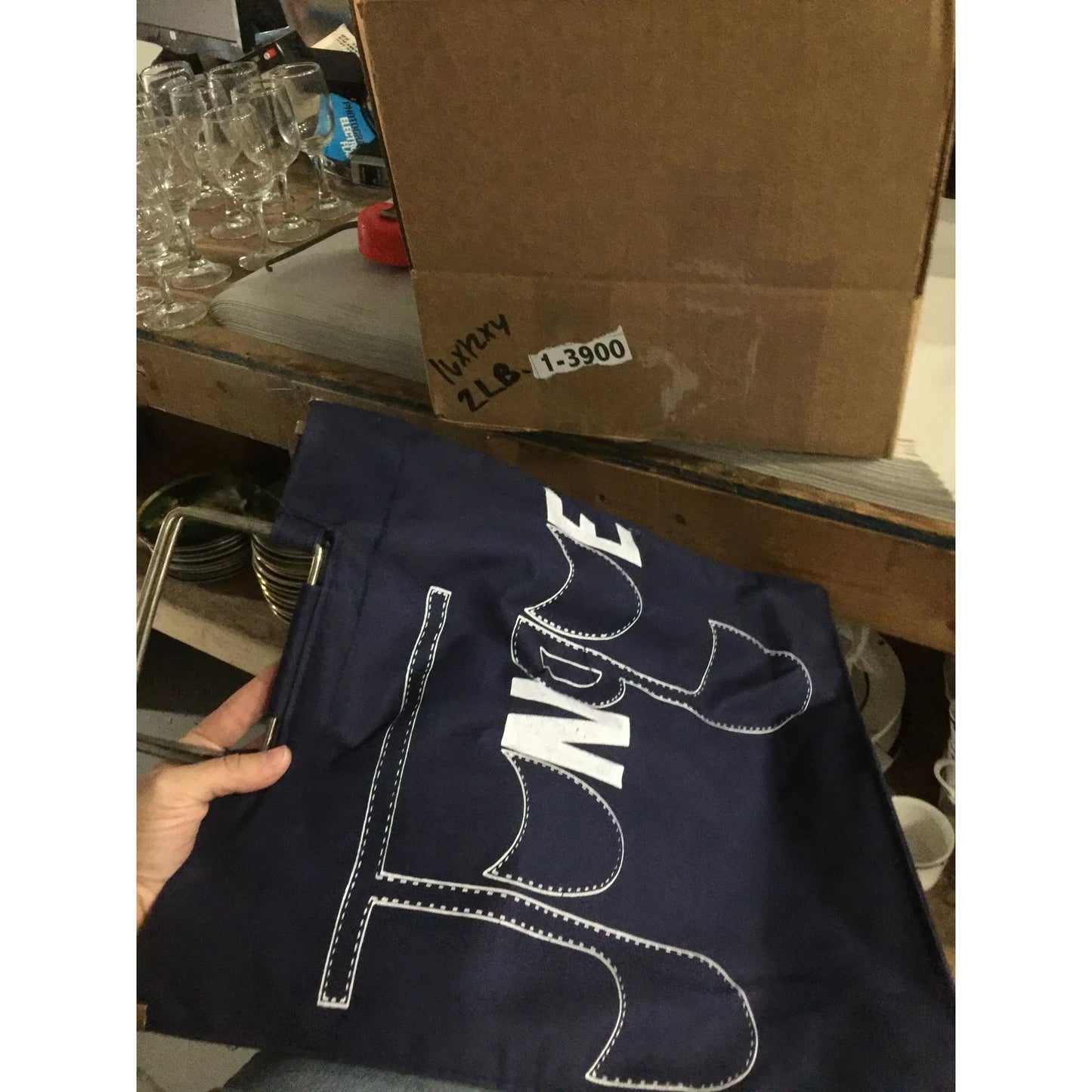 Navy Blue and White Junque Bag with Silver Metal Handles (about 14x14 inches) - A+ Stuff