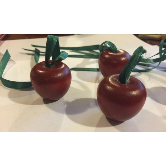Set of 5 Christmas Ornaments- Wood Cherries/Apples Red with Green Ribbon - A+ Stuff