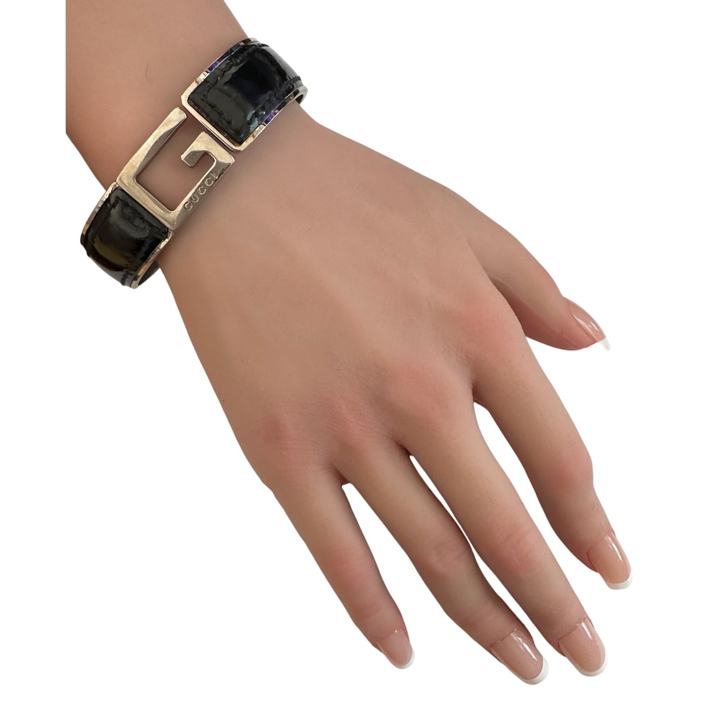 Gucci Black Leather Metal Hinged Bangle Bracelet