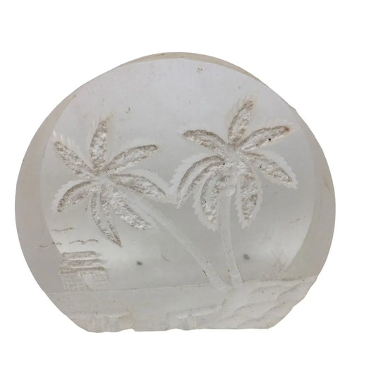 Vintage Carved Reverse Lucite Paperweight Hawaii Scene w/ Palm Trees A+ Stuff A+ Stuff