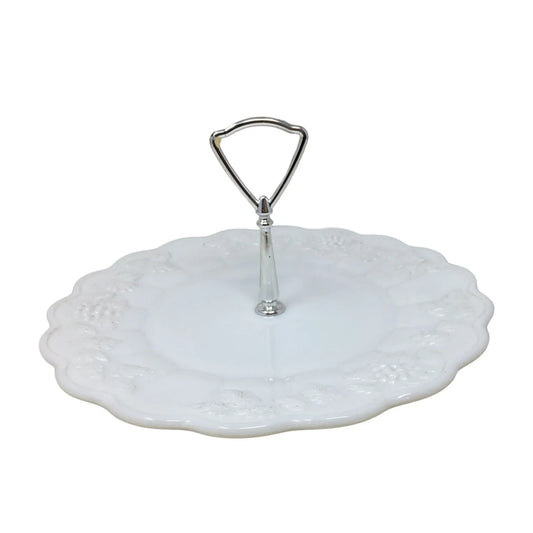 Vintage White/Silver Westmoreland Milk Glass Grape Patterned Handled Serving Platter/Tray Westmoreland A+ Stuff