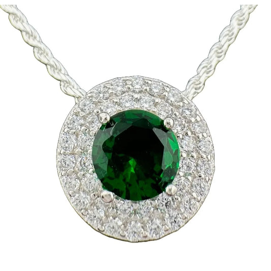 Brilliantly Beautiful 2.40ct Lab Created Emerald Halo Pendant - Sterling Silver - A+ Stuff