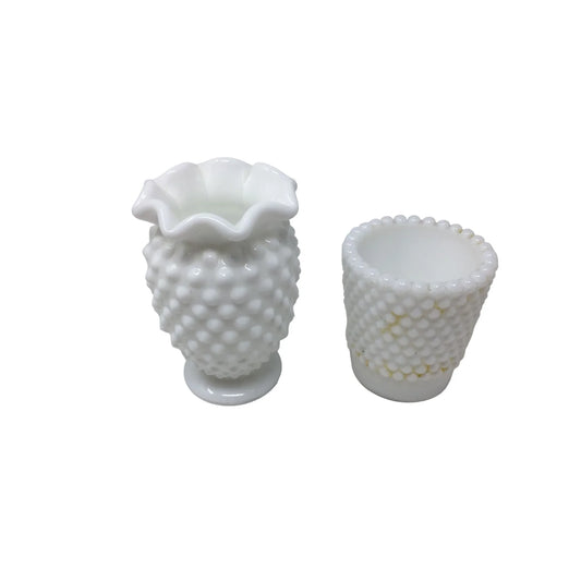 2 Small Miniature Vintage Fenton Hobnail Milk Glass Vases - A+ Stuff