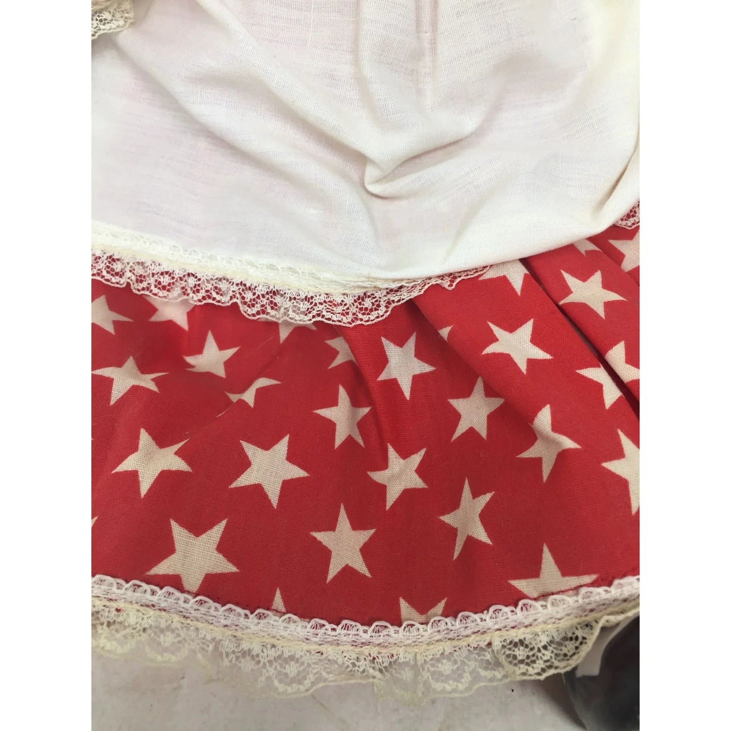 Beautiful White Faced Porcelain Doll in Red Dress with White Stars and Apron 16" Tall - Great Find! -- A+ Stuff Porcelain Dolls