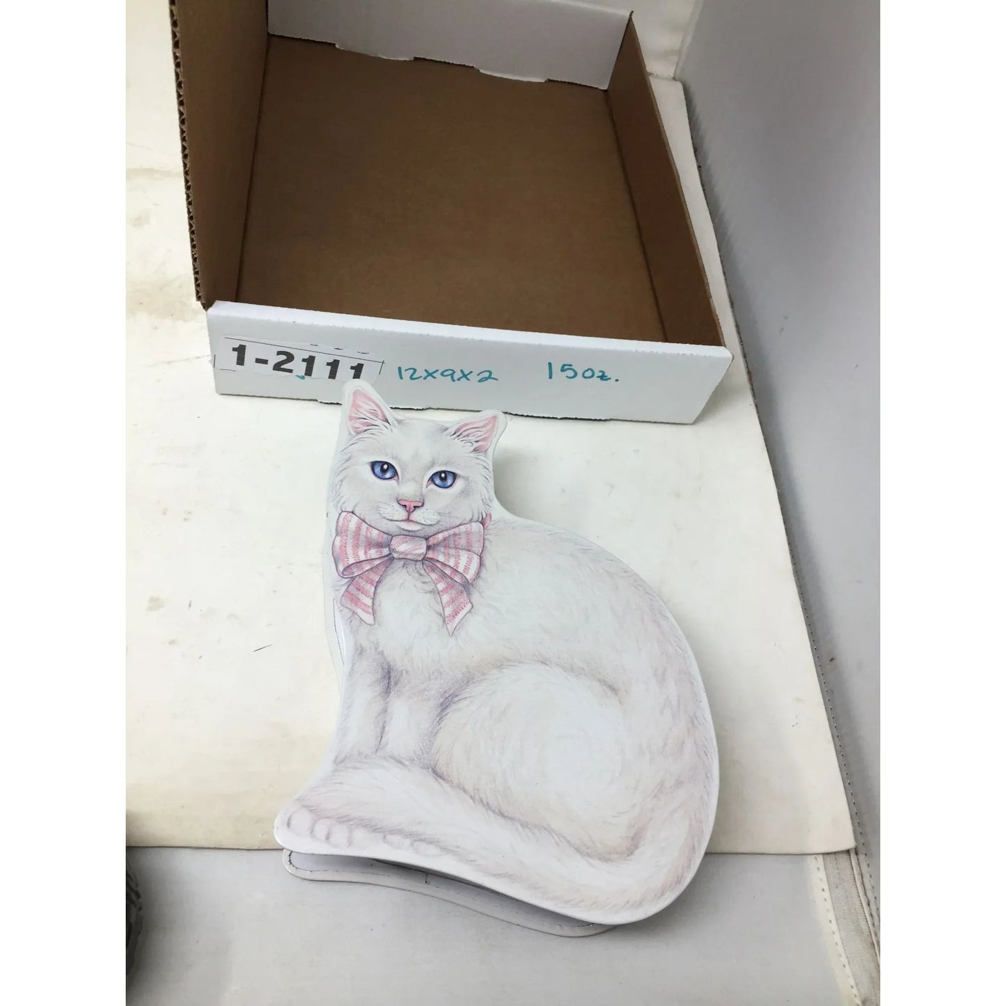 White Cat Shaped Tin Box - Two Sides of Art with Pretty White Cat with Pink Striped Bow & Blue Eyes - A+ Stuff