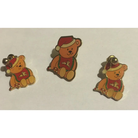 Vintage Christmas Gold Tone Bear Pin and Pair of Earrings- about 1" - A+ Stuff
