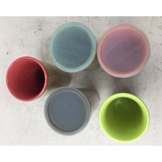 Vintage Set of 5 Wicker Raffia Plastic Insulated Tumblers- 3 with lids and 2 without - A+ Stuff