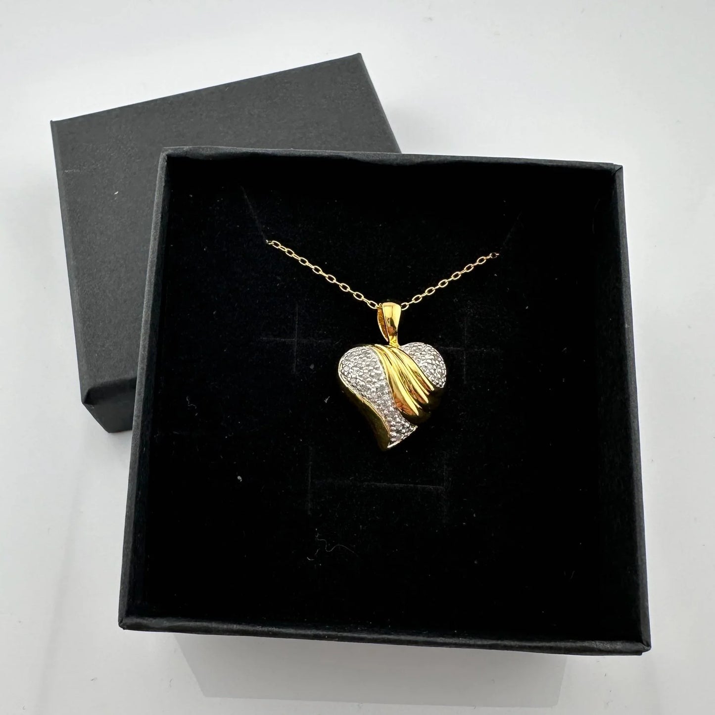 Gold & Natural Diamond Heart Necklace - 14kt Gold Plate Overlaying Sterling Silver - A+ Stuff