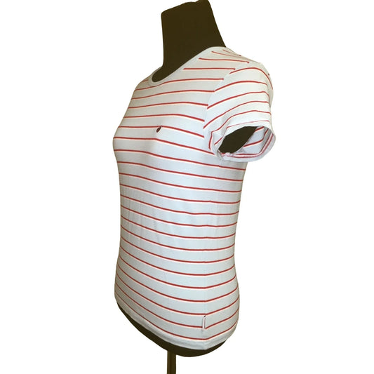 Vintage Ambercrombie & Fitch Light Blue Red white Stripe Top - Size Medium - Round Collar with Lady Bug on left chest Abercrombie & Fitch A+ Stuff