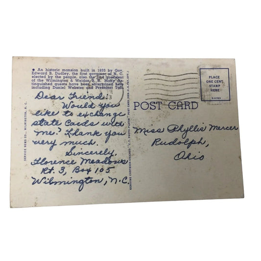 Vintage Post Card 1943- The Governor Dudley Wilmington, North Carolina A+ Stuff A+ Stuff