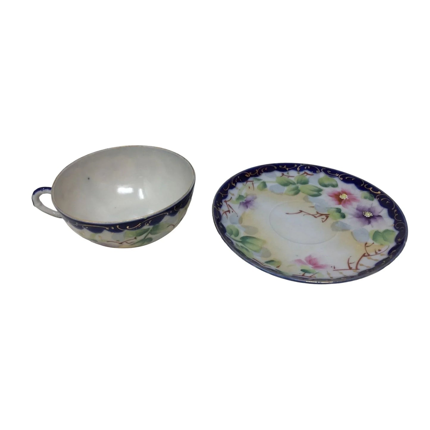 Teacup and Saucer Blue Rimmed Hand Painted Purple and Pink Flowers- Bone China A+ Stuff A+ Stuff