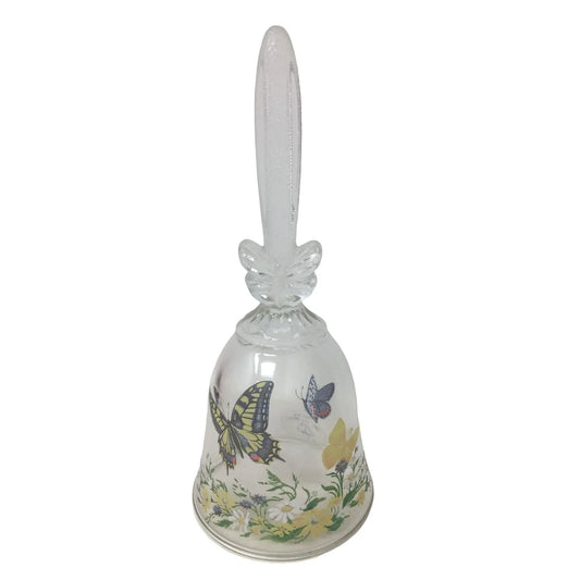 Vintage 1990 Collectible AVON Crystal Glass Handled Bell with Butterflies and Flowers Printed on it Avon A+ Stuff