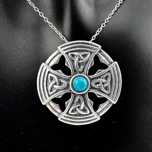 Natural Turquoise Gem in Sterling Silver Celtic Cross - Pendant with Chain
