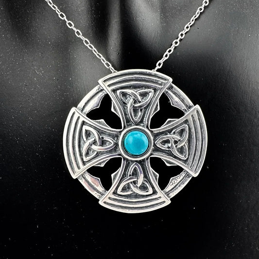 Natural Turquoise Gem in Sterling Silver Celtic Cross - Pendant with Chain - A+ Stuff
