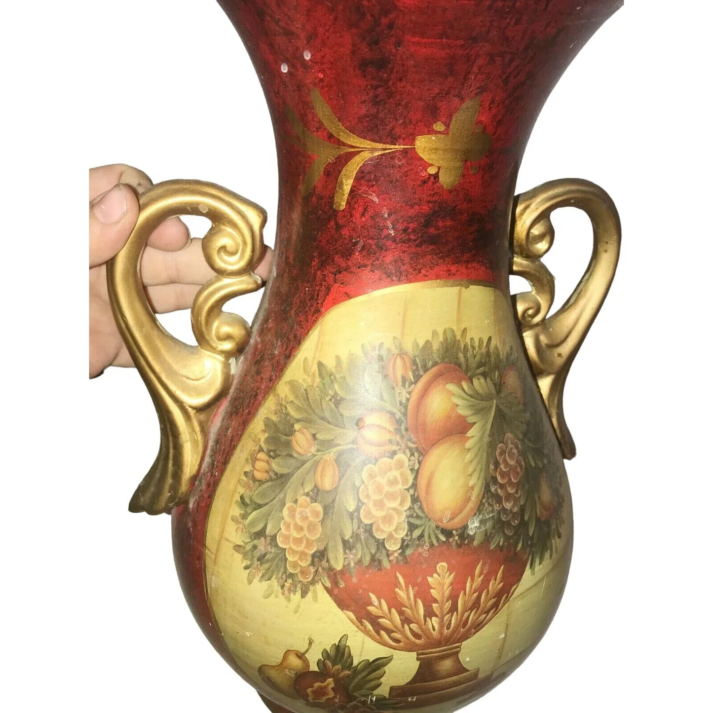 Pretty Decorative VASE with FRUIT BOWL ART Red Gold Handles - A+ Stuff