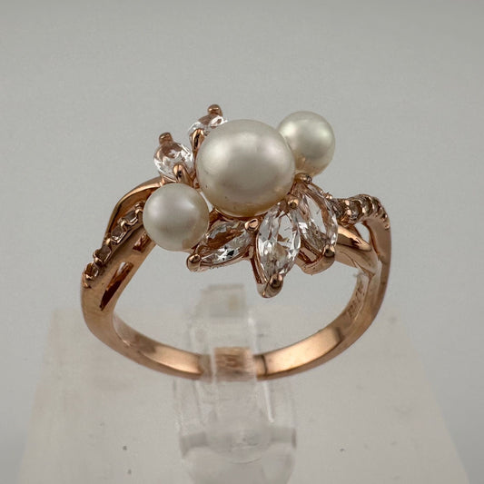 Beautiful Pearl and White Gemstone Cocktail Ring 14kt Gold Overlay Sterling Silver Size 8.25
