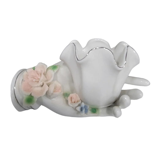 Porcelain Hand Trinket or Votive Holder with Roses / Rosettes at wrist - Gold Accents Mid-century Believed to be Lefton China Lefton A+ Stuff